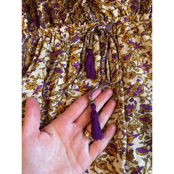 RAGA Bohemian Slit Sleeve Cold Shoulder Gold & Purple Floral Mini Dress Size XS - Picture 9 of 16